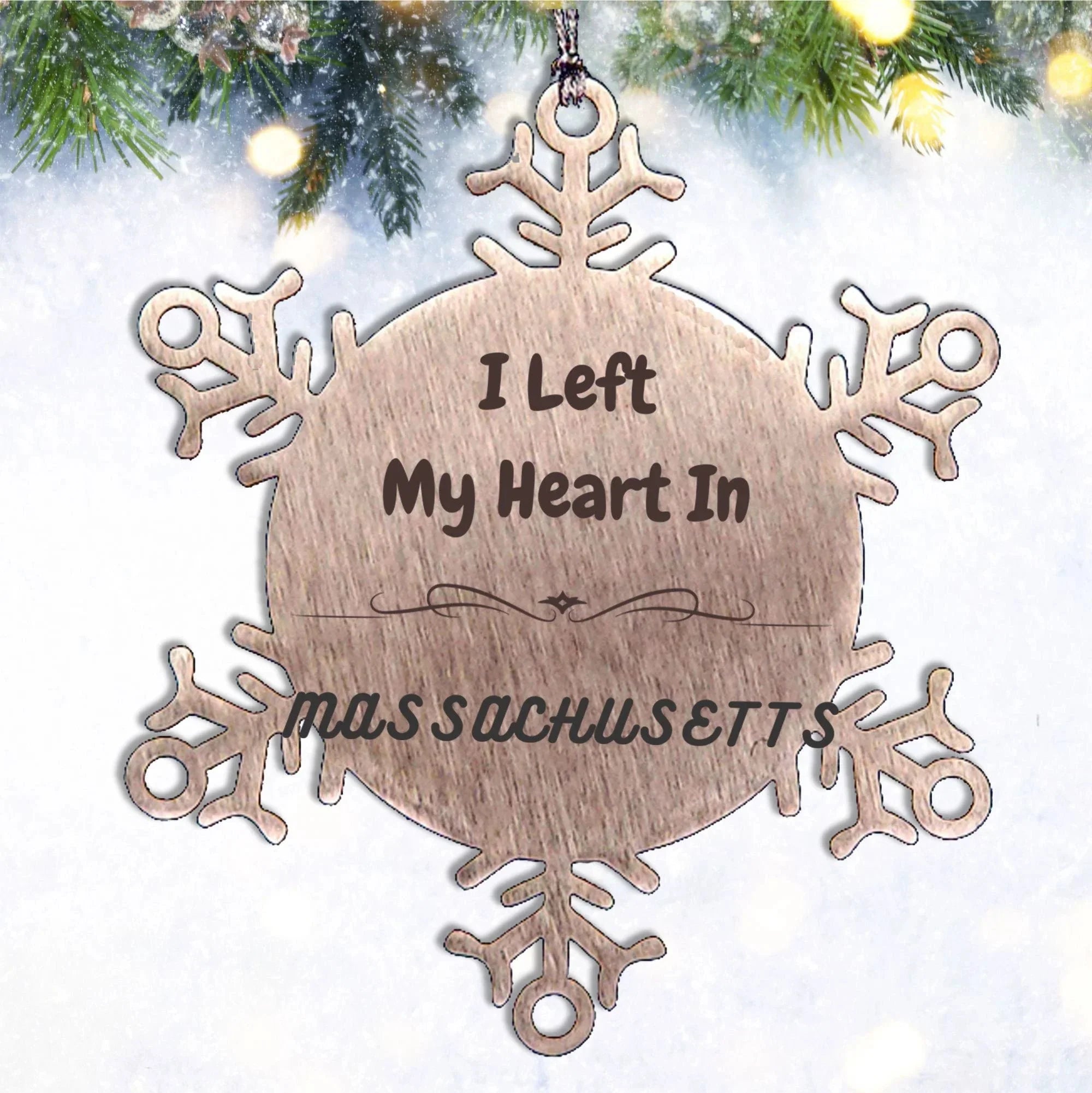 I Left My Heart In Massachusetts Gifts, Meaningful Massachusetts State for Friends, Men, Women. Snowflake Ornament for Massachusetts People