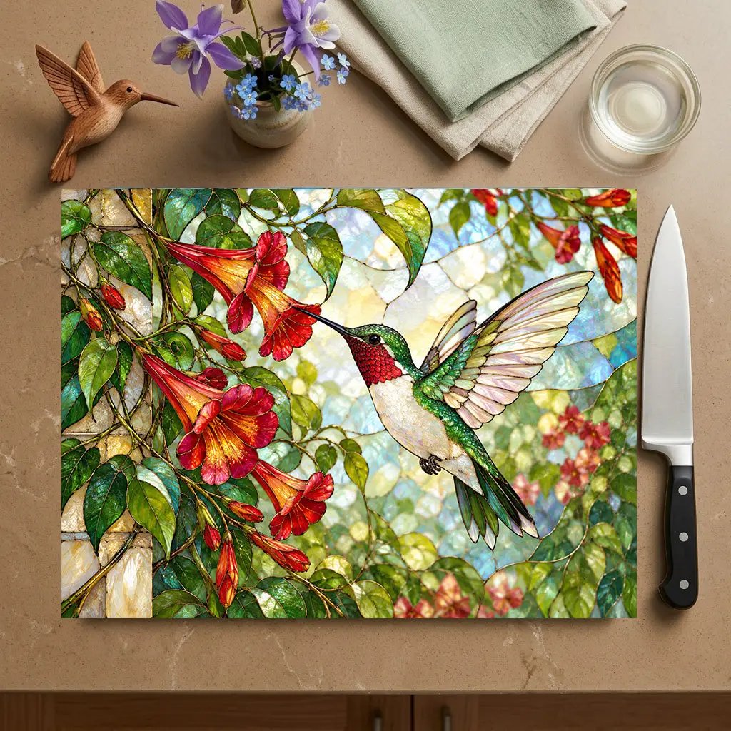 Hummingbird Cutting Board, Stained Glass Hummingbird Decor, Trumpet Vine Kitchen Decor, Bird Lover Gift, Garden Lover Gift