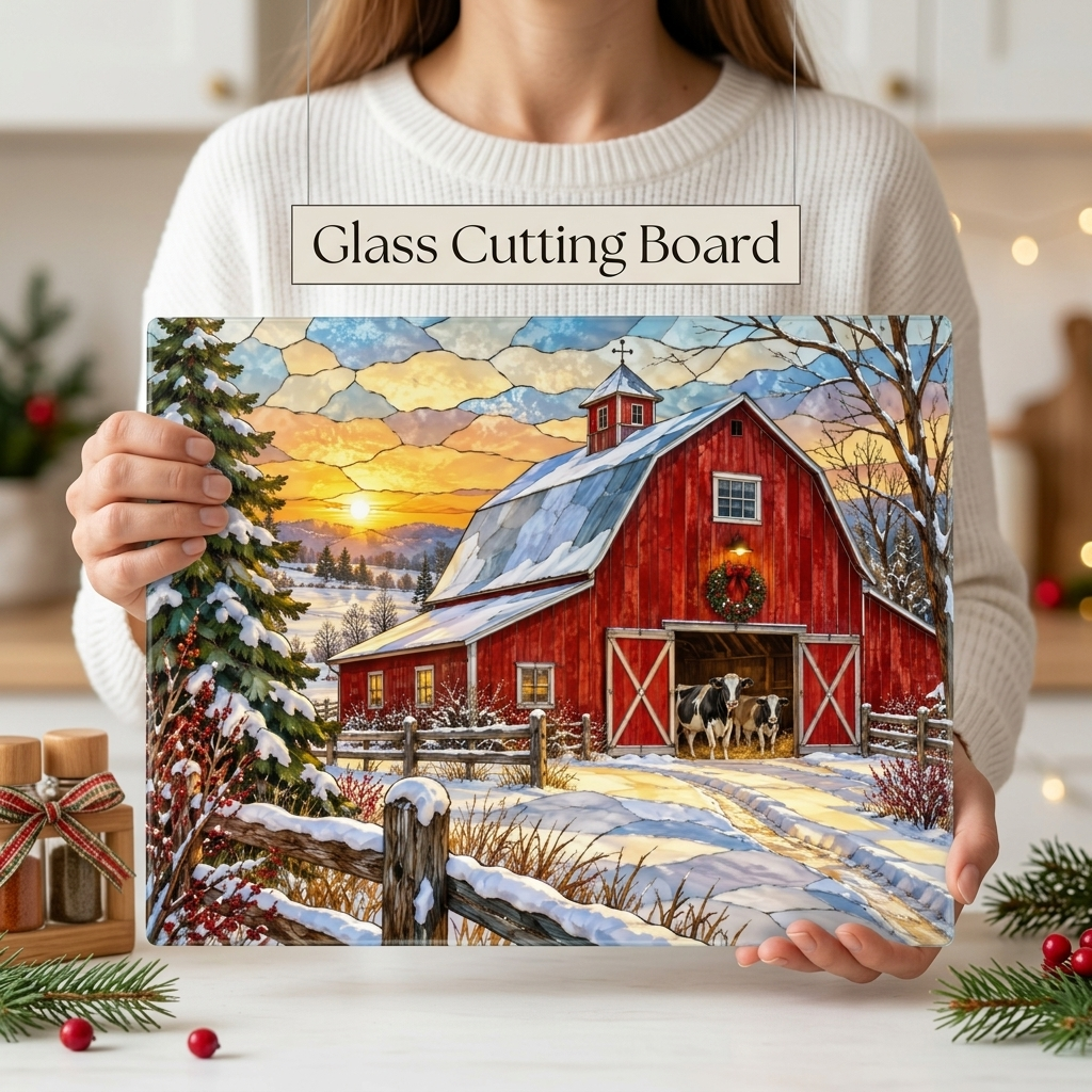 Christmas Red Barn Glass Cutting Board, Winter Farmhouse Decor, Cow Christmas Gift, Country Kitchen Decor, Farmhouse Holiday Gift