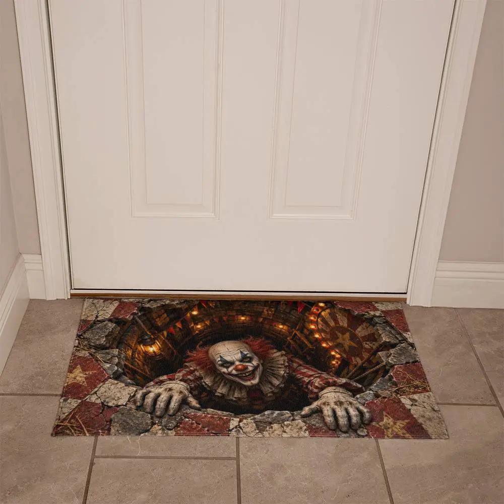 Creepy Clown Halloween Doormat,3D Scary Clown Optical Illusion Mat, Haunted Circus Door Mat, Horror Halloween Porch Decor