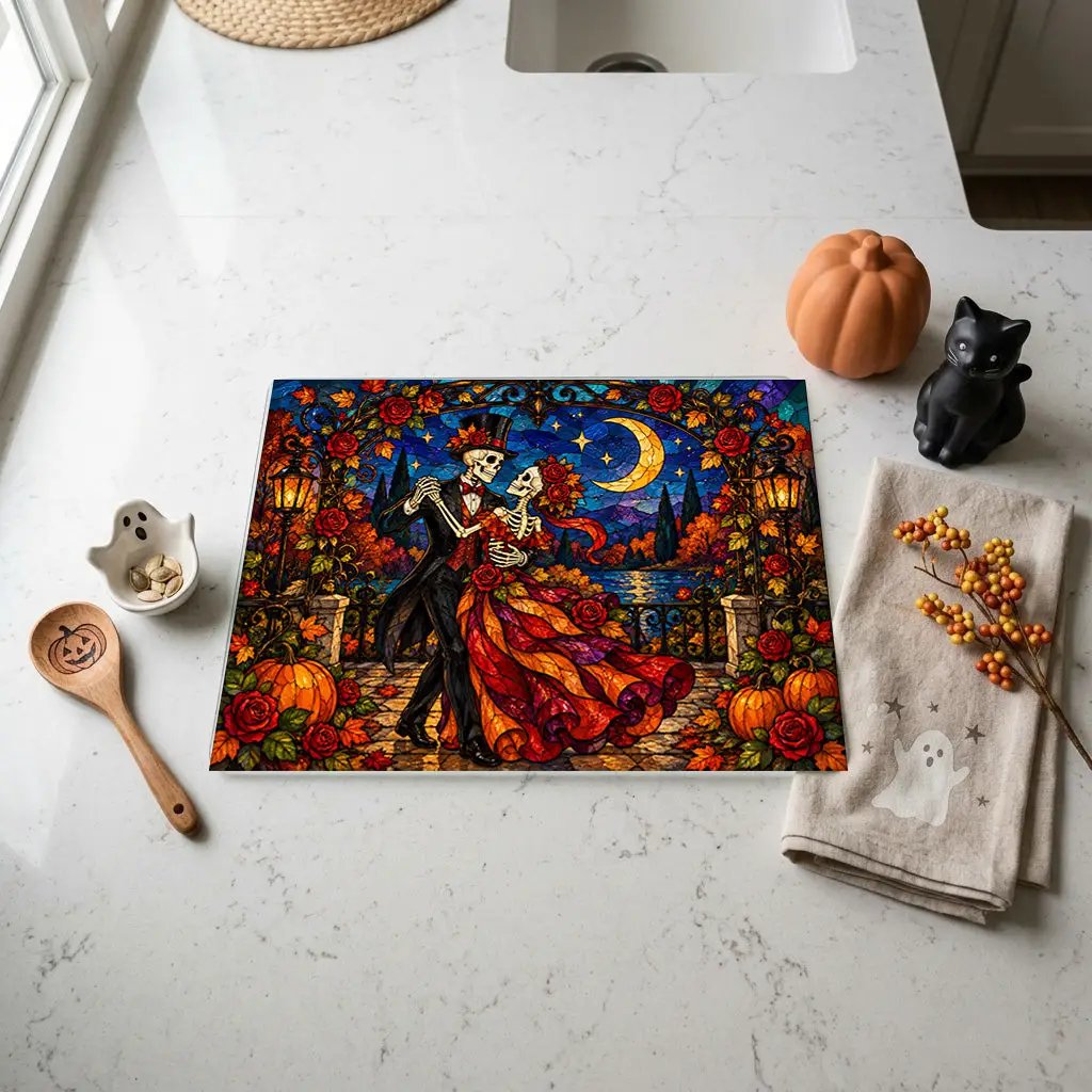 Halloween Skeleton Dancing Couple Personalized Glass Cutting Board, Gothic Romance Kitchen Decor