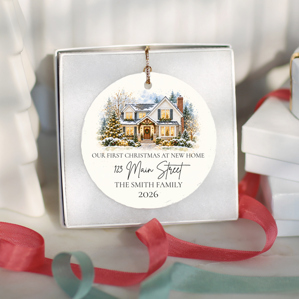Custom House Photo Christmas Ornament, Personalized First Christmas in New Home, Watercolor House Portrait, Address Family Name Ceramic Gift