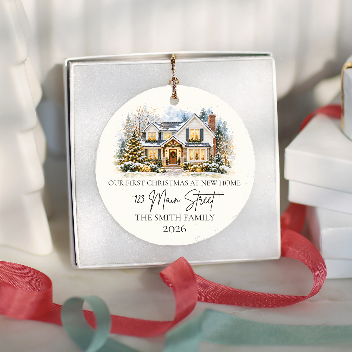 Custom House Photo Christmas Ornament, Personalized First Christmas in New Home, Watercolor House Portrait, Address Family Name Ceramic Gift