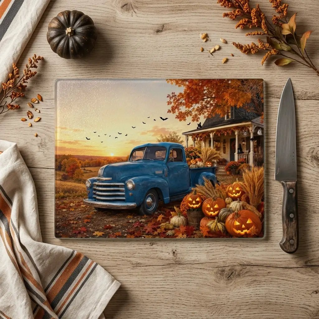 Fall Glass Cutting Board, Blue Vintage Truck with Pumpkins, Autumn Farmhouse Kitchen Decor, Harvest Thanksgiving Gift