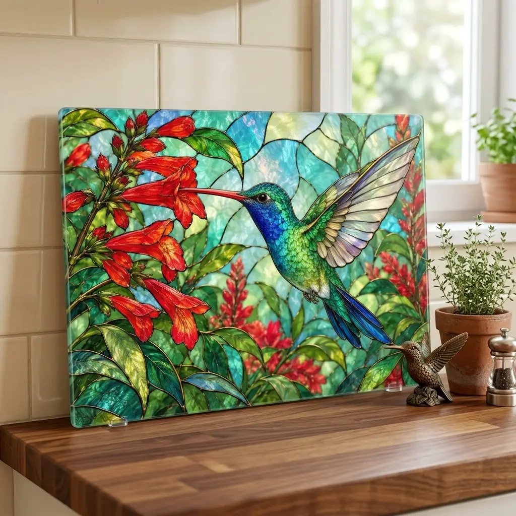 Hummingbird Cutting Board, Stained Glass Hummingbird Decor, Red Flower Kitchen Decor, Bird Lover Gift, Nature Inspired Gift