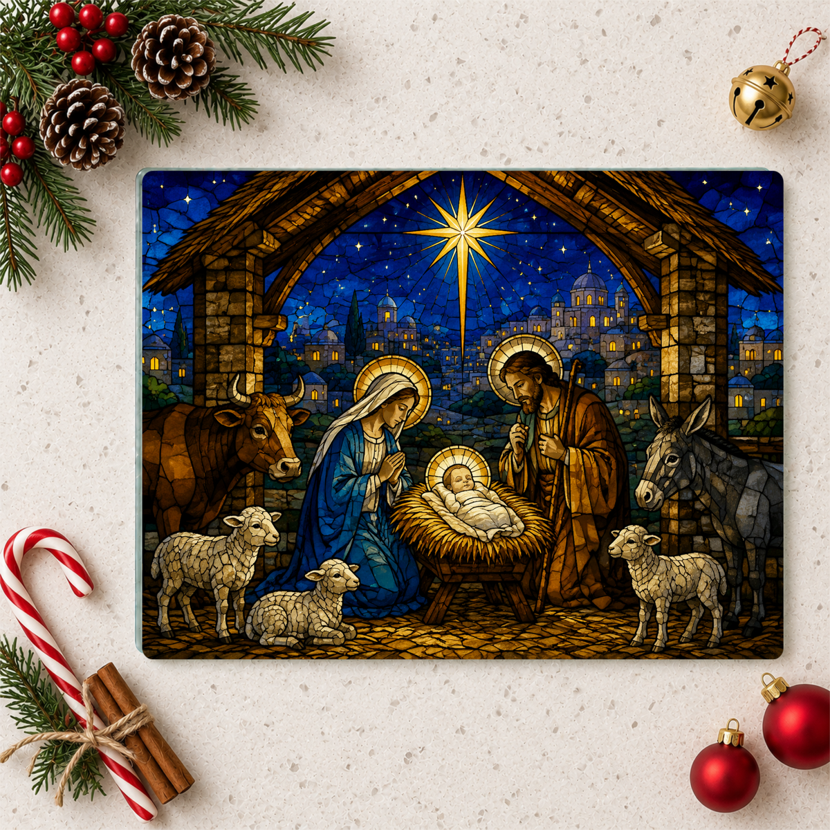 Nativity Glass Cutting Board, Stained Glass Christmas Decor, Holy Family Christian Kitchen Gift, Religious Christmas Cutting Board