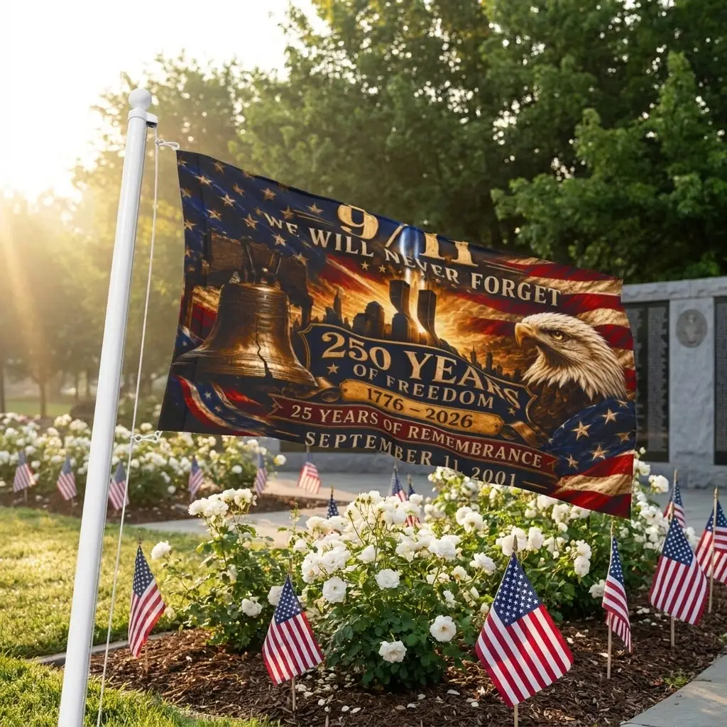 We Will Never Forget 9/11 Remembrance Flag – 25th Anniversary September 11 Patriotic American House Flag