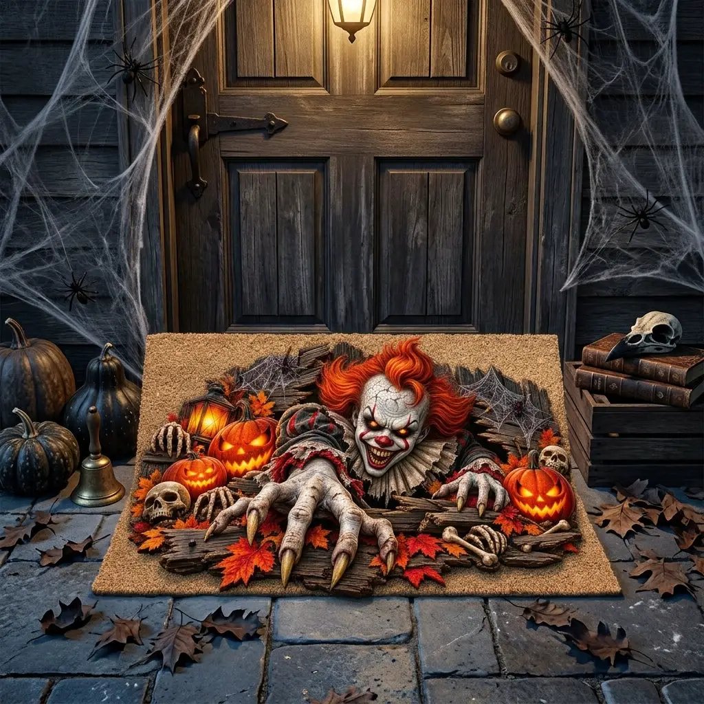 Horror Clown Doormat, Scary Halloween Coir Mat, Creepy Clown & Pumpkin Welcome Mat, Haunted House Porch Decor, Horror Lover Gift