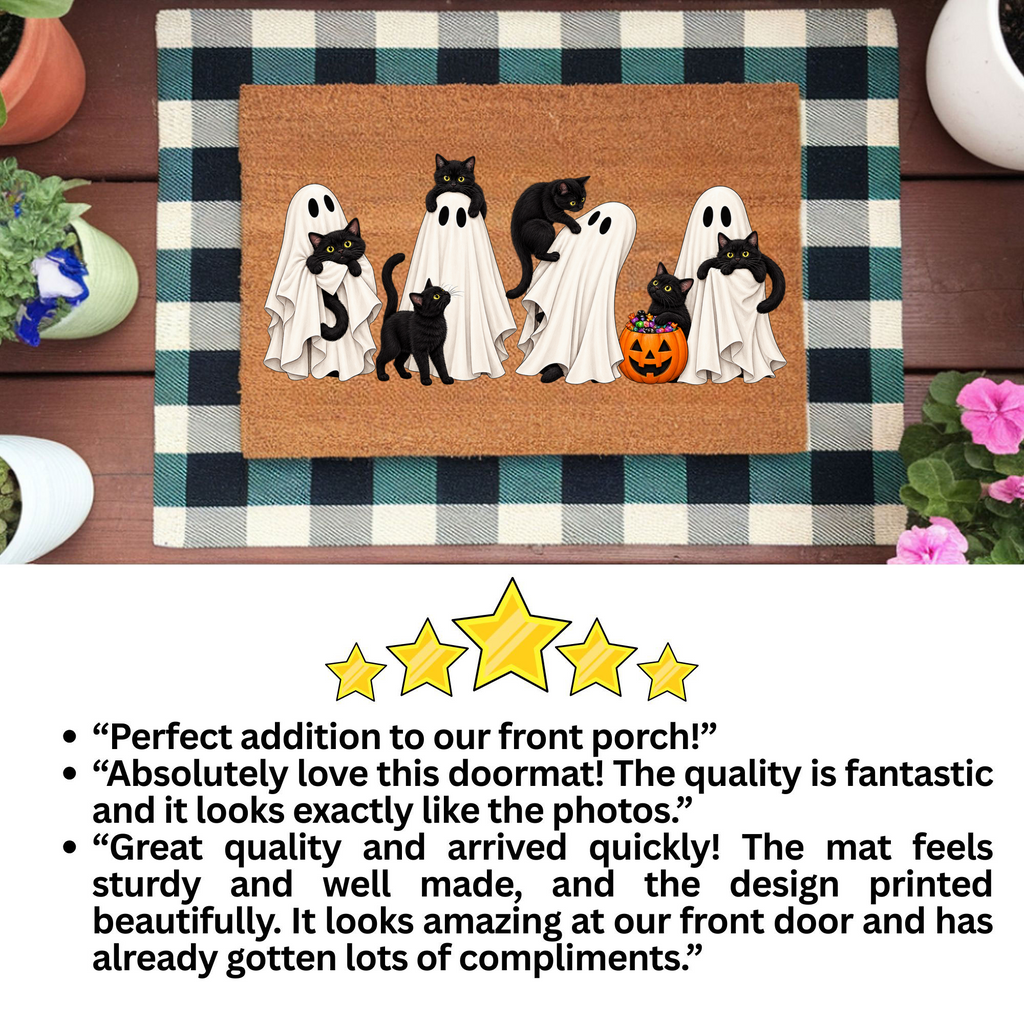 Halloween Black Cat Doormat, Cute Ghost Welcome Mat, Funny Cat Halloween Decor, Spooky Fall Porch Decor, Cat Lover Gift, Coir Door Mat