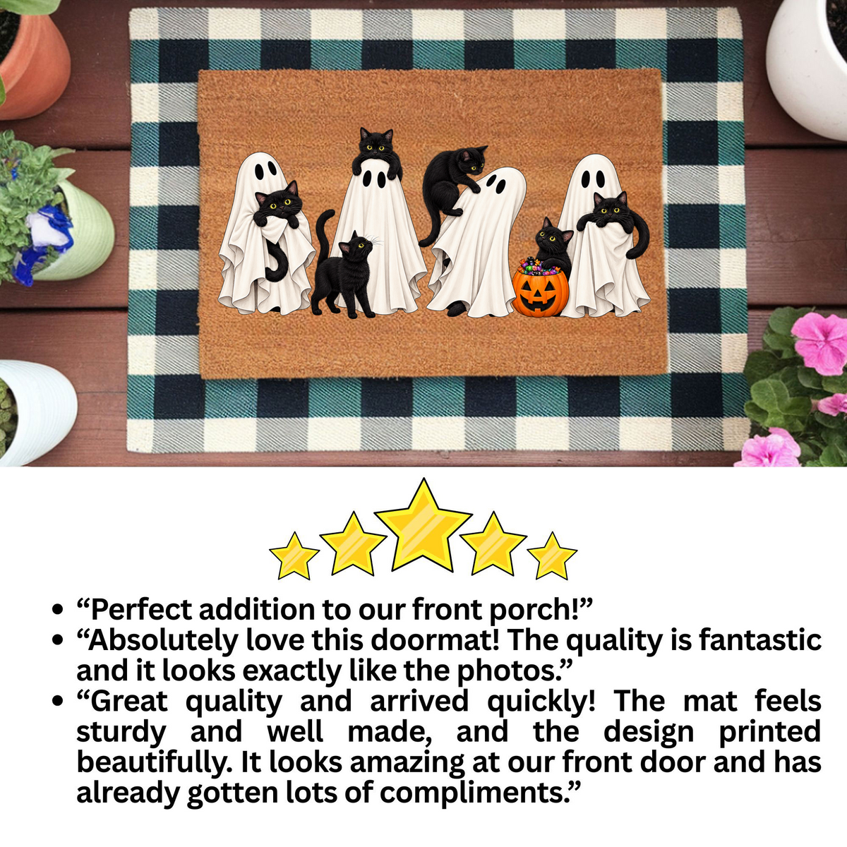 Halloween Black Cat Doormat, Cute Ghost Welcome Mat, Funny Cat Halloween Decor, Spooky Fall Porch Decor, Cat Lover Gift, Coir Door Mat