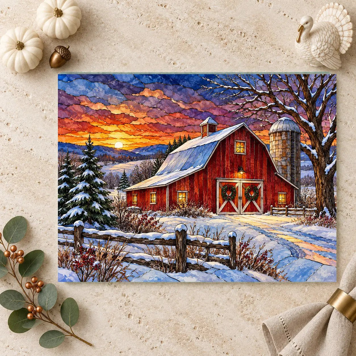 Winter Red Barn Glass Cutting Board, Country Christmas Kitchen Decor, Farmhouse Cutting Board, Rustic Winter Barn Gift