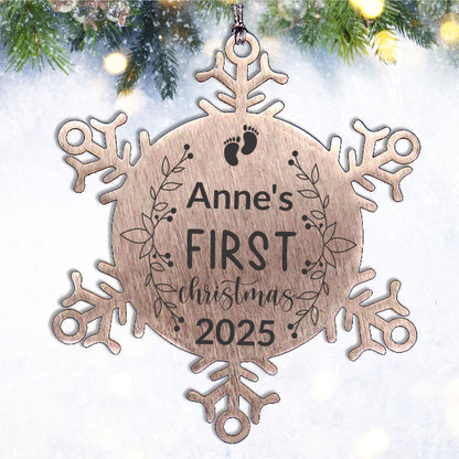 Baby's First Christmas Personalized Laser Engraved Stainless Steel Snowflake Ornament - Mallard Moon