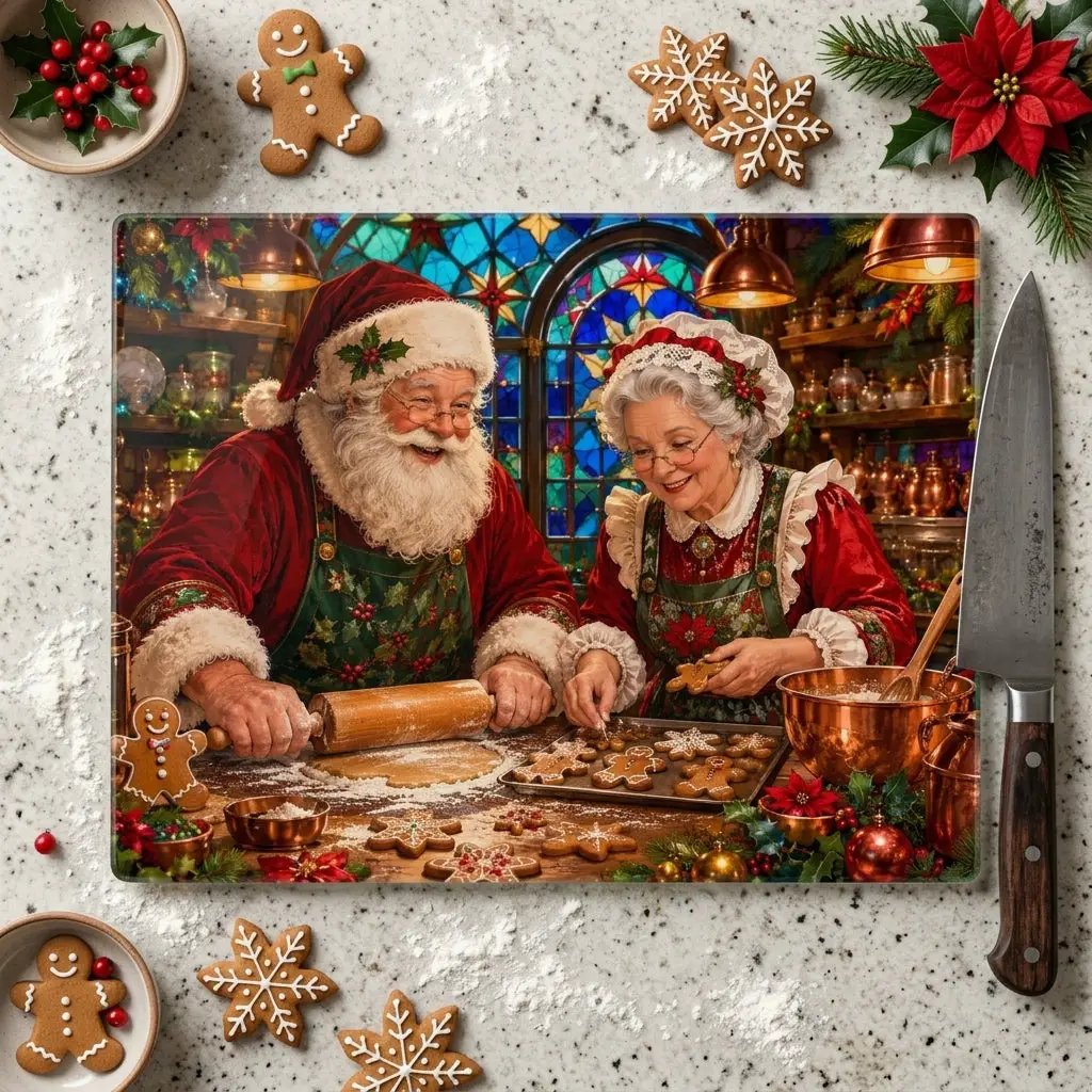 Santa and Mrs Claus Glass Cutting Board, Christmas Baking Decor, Gingerbread Kitchen Decor, Stained Glass Christmas Gift, Holiday Board