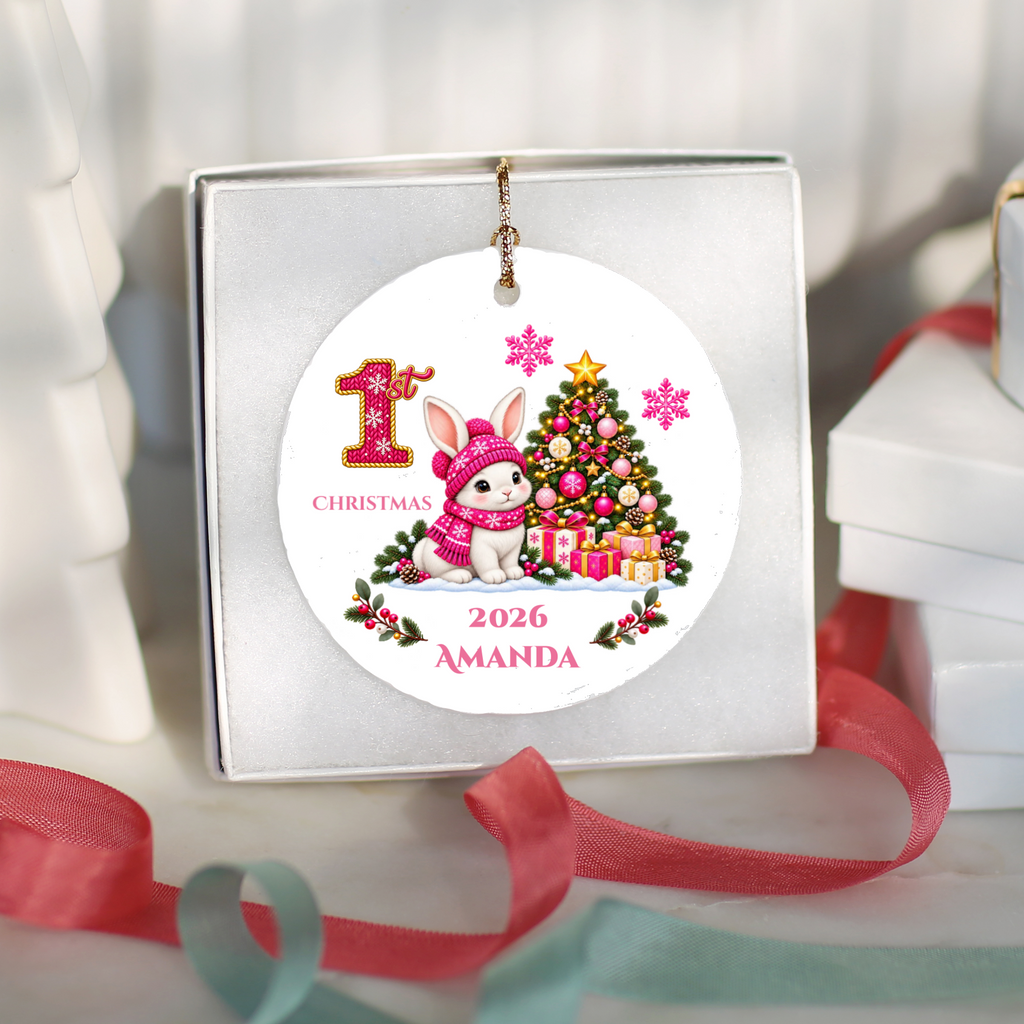 Baby Bunny Personalized Christmas Ornament. Baby's 1st 2nd 3rd Christmas, Custom Name Year Ceramic Keepsake, Girl Gift