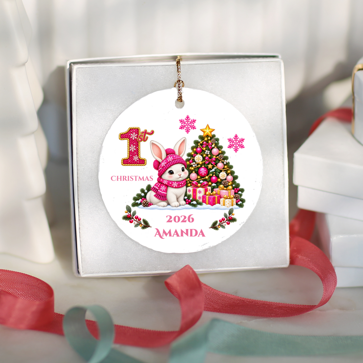 Baby Bunny Personalized Christmas Ornament. Baby's 1st 2nd 3rd Christmas, Custom Name Year Ceramic Keepsake, Girl Gift