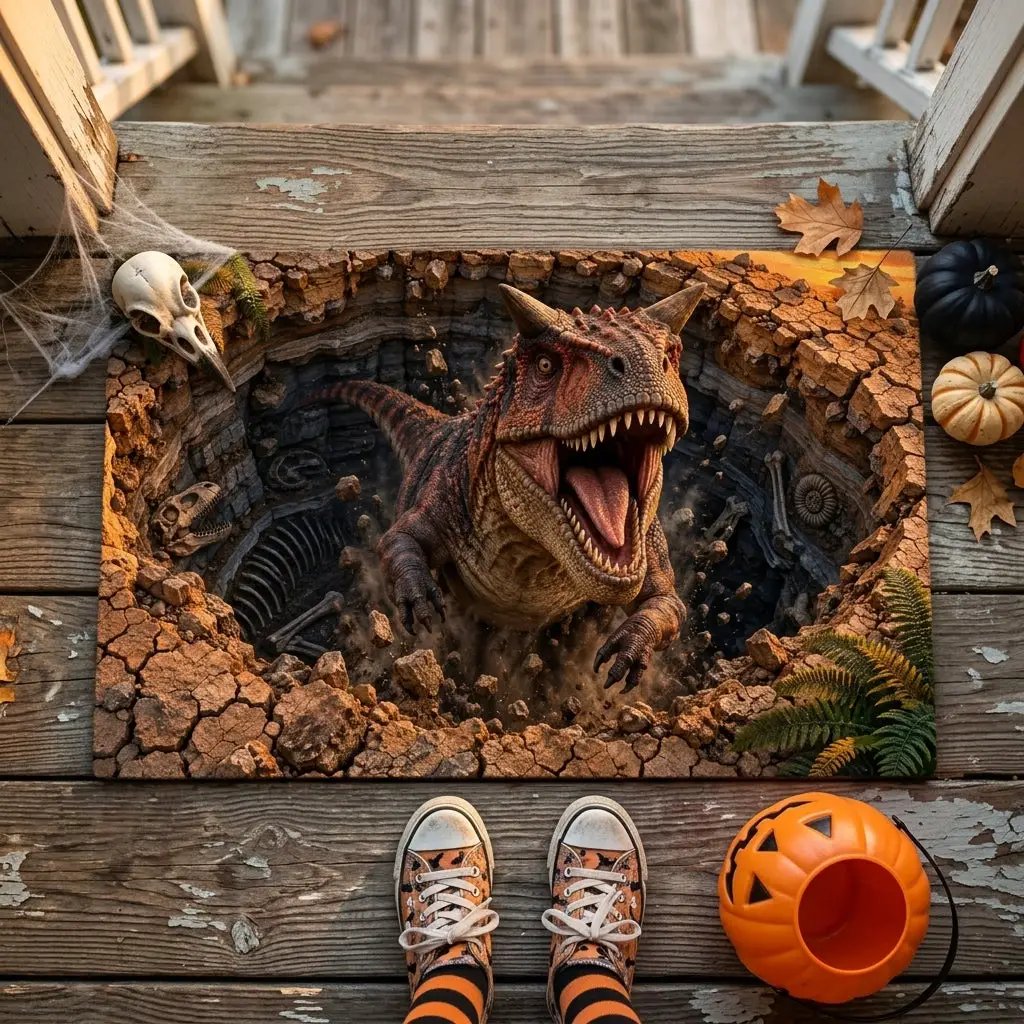 Carnotaurus 3D Optical Illusion Doormat, Dinosaur Fossil Pit Floor Mat, Prehistoric Dinosaur Door Mat, Dino Lover Gift