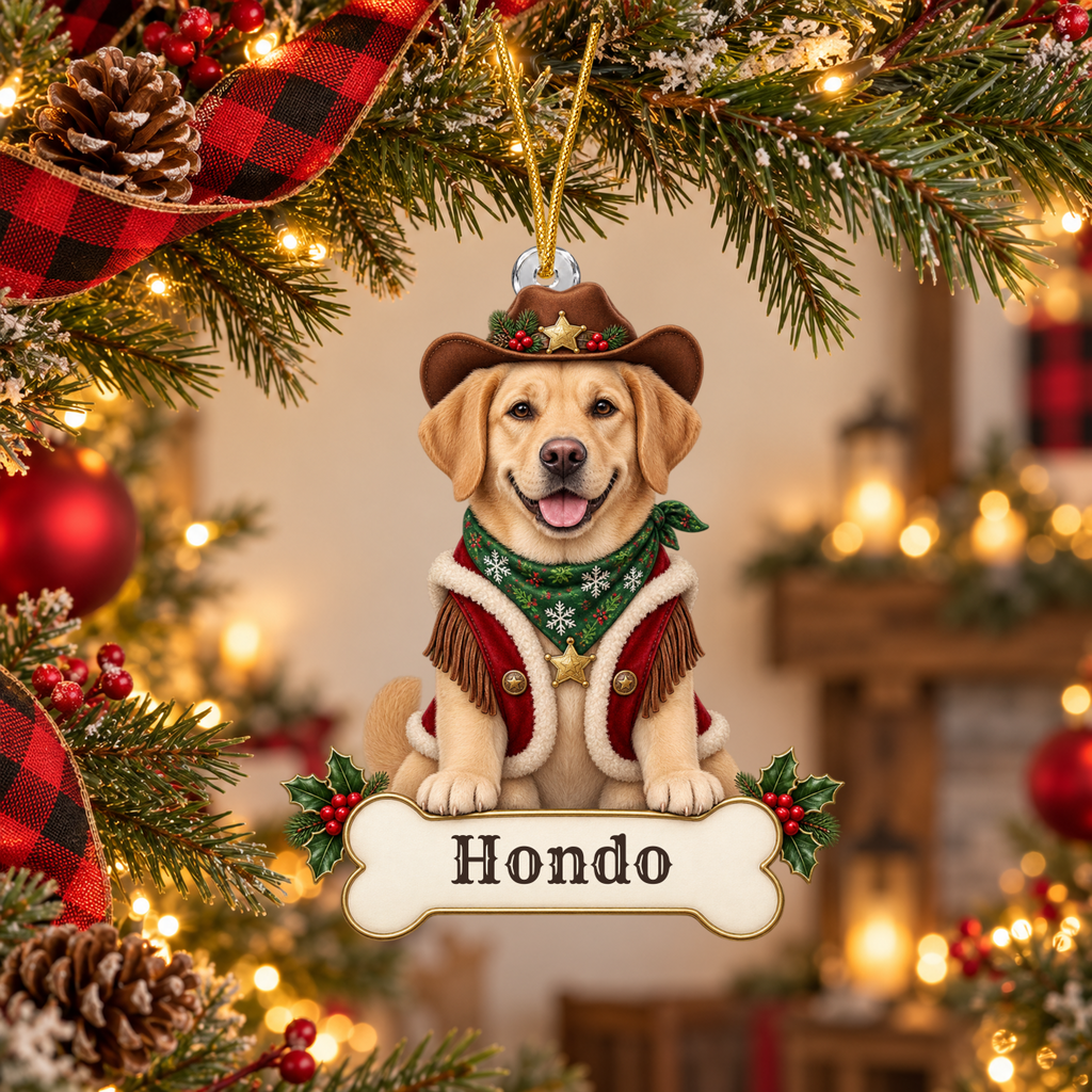 Personalized Cowboy Dog Christmas Ornament from Photo, Custom Pet Portrait Acrylic Cutout, Western Christmas Decor, Dog Lover Gift