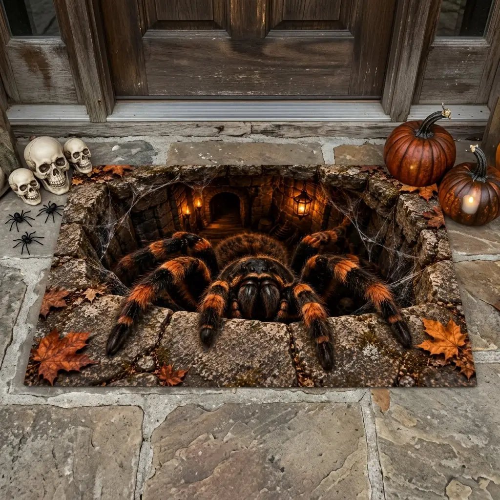 Giant Spider Halloween 3D Doormat, Scary Optical Illusion Welcome Mat, Creepy Spider Door Mat, Haunted House Halloween Porch Decor