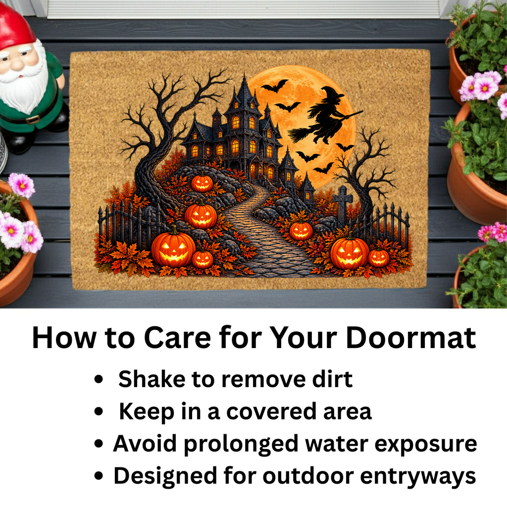 Haunted House Doormat, Halloween Witch Welcome Mat, Spooky Mansion Coir Doormat, Jack O Lantern Door Mat, Gothic Halloween Porch Decor