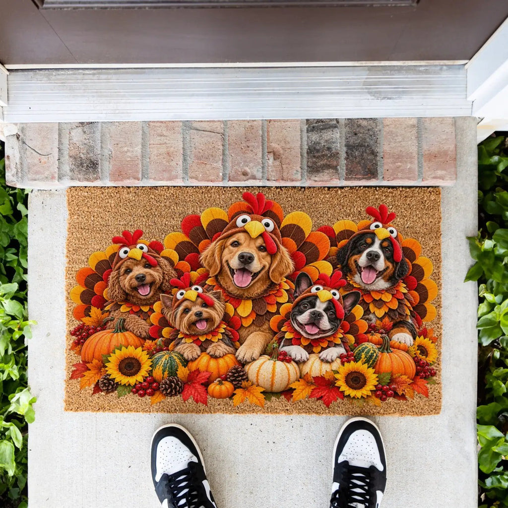 Thanksgiving Dog Doormat, Dogs in Turkey Costumes Coir Mat, Funny Fall Welcome Mat, Dog Lover Gift, Thanksgiving Porch Decor