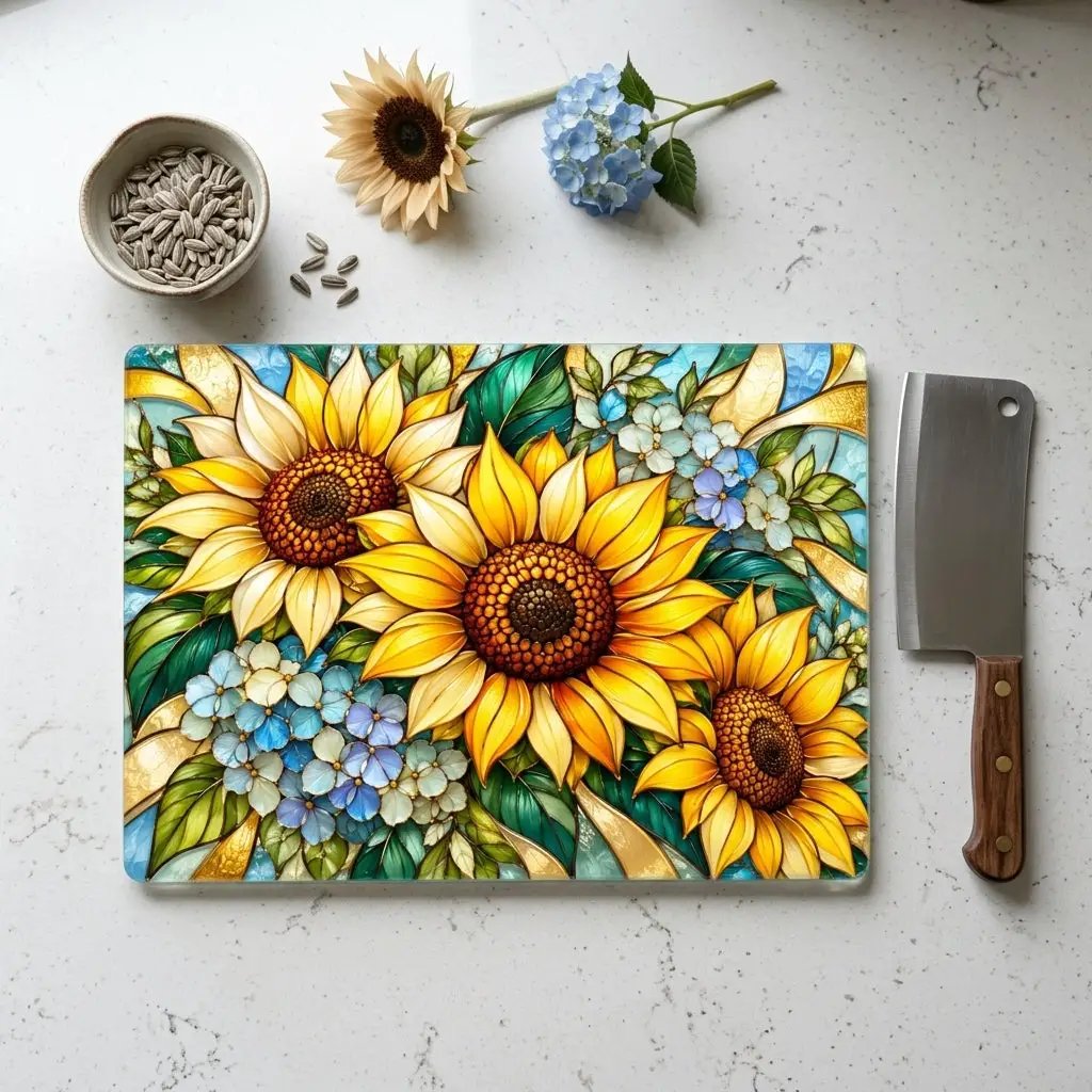 Sunflower Glass Cutting Board, Blue Hydrangea Kitchen Decor, Yellow Floral Cutting Board, Flower Lover Gift, Stained Glass Kitchen Art