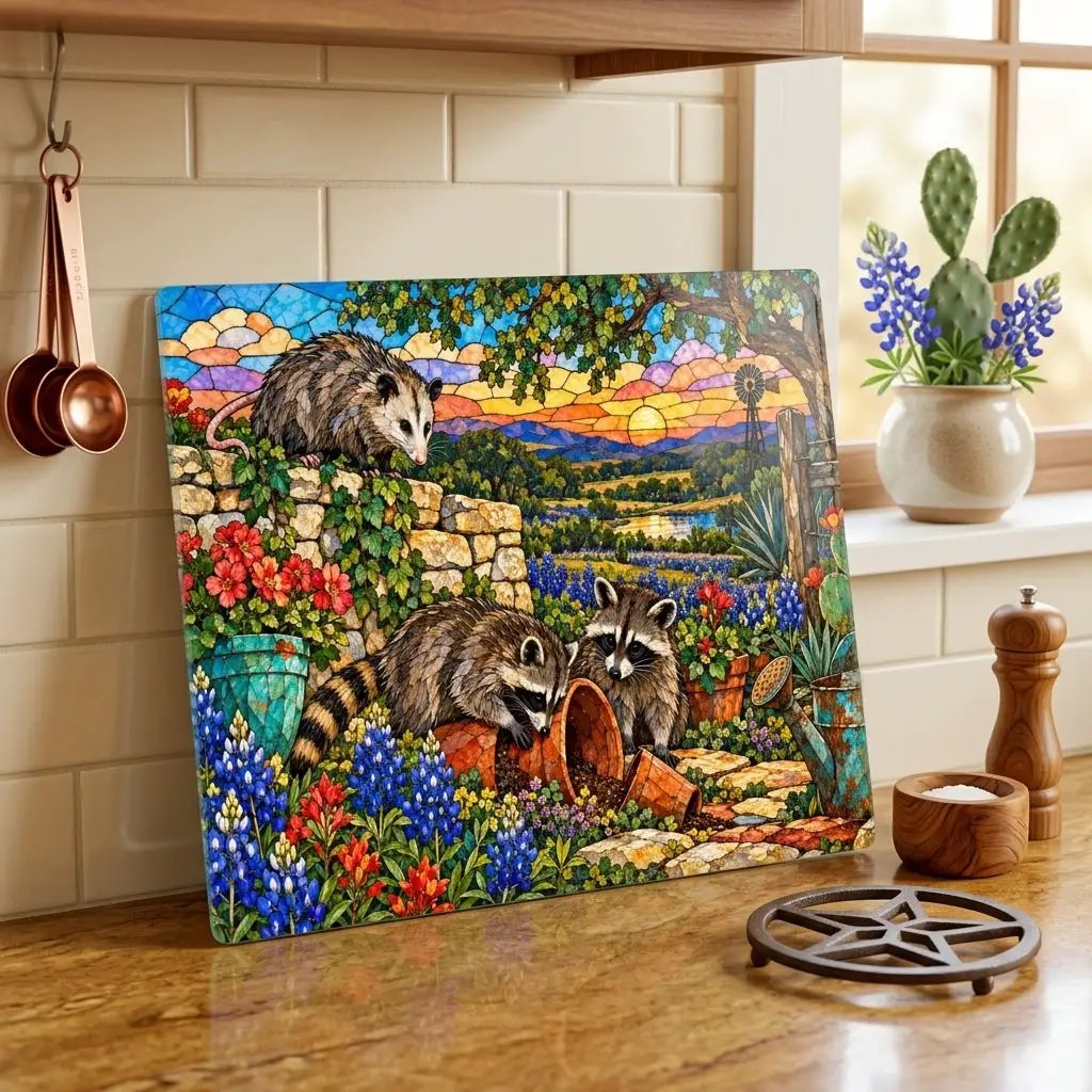 Mischief Opossum Glass Cutting Board, Texas Wildlife Kitchen Decor, Bluebonnet Possum Art, Funny Country Kitchen Gift, Texas Gift