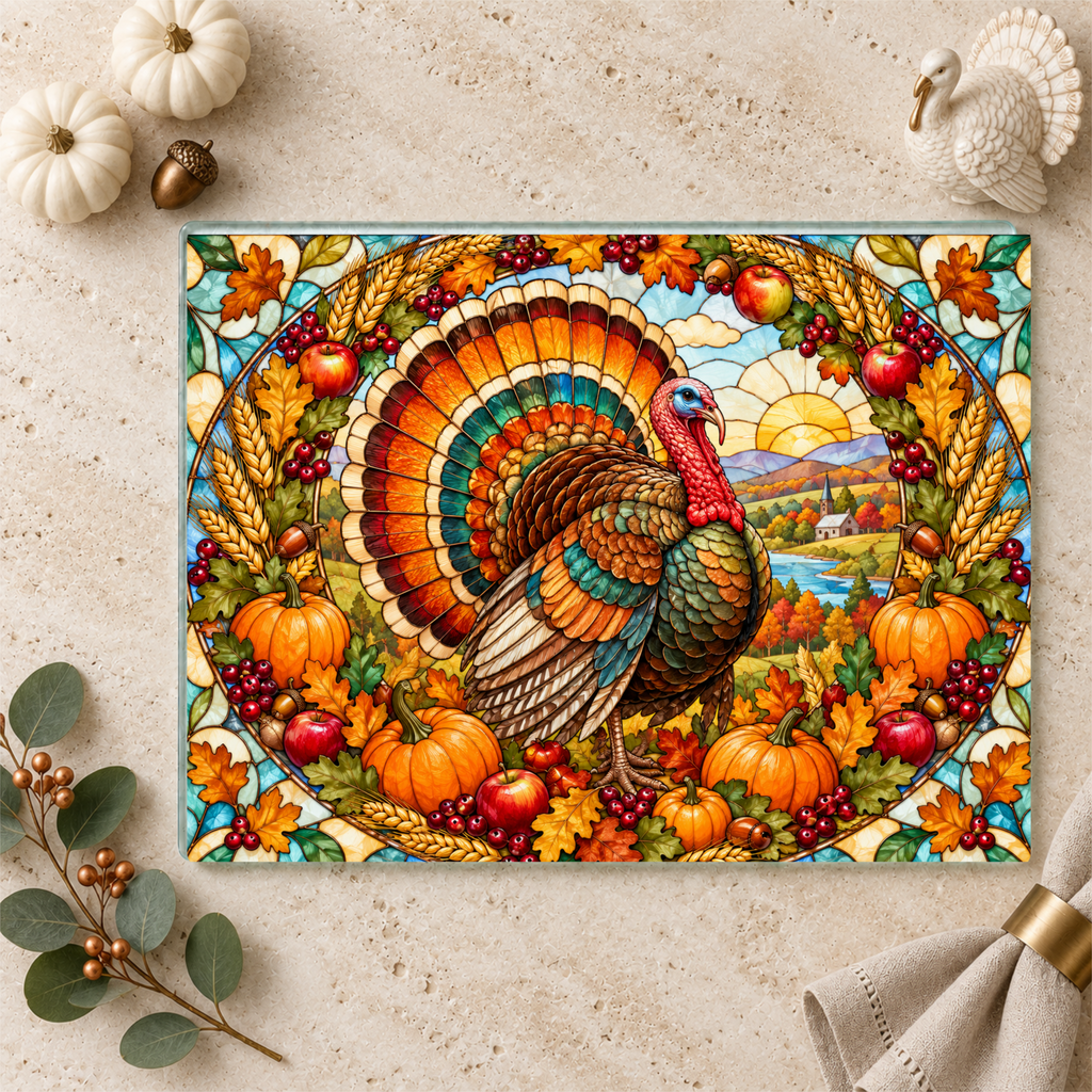 Thanksgiving Turkey Glass Cutting Board, Harvest Wreath Kitchen Decor, Stained Glass Fall Turkey, Pumpkin Apple Autumn Gift