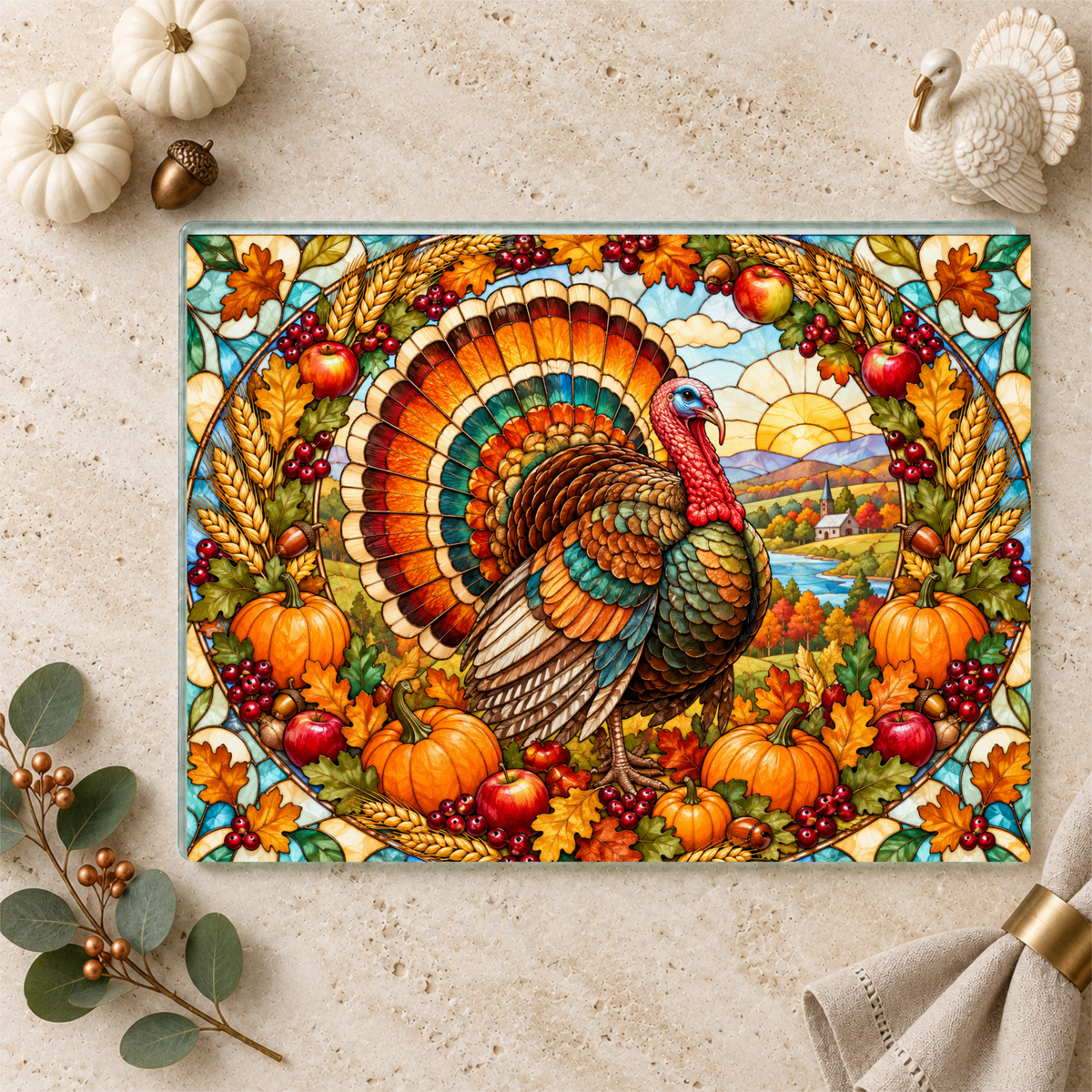 Thanksgiving Turkey Glass Cutting Board, Harvest Wreath Kitchen Decor, Stained Glass Fall Turkey, Pumpkin Apple Autumn Gift