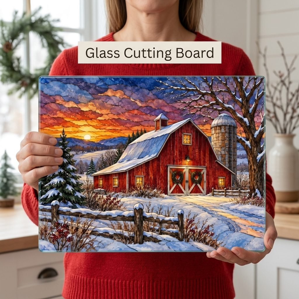 Winter Red Barn Glass Cutting Board, Country Christmas Kitchen Decor, Farmhouse Cutting Board, Rustic Winter Barn Gift