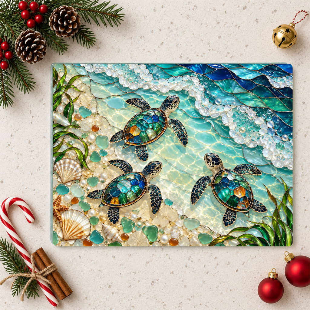 Sea Turtle Hatchlings Cutting Board, Coastal Kitchen Decor, Ocean Beach House Gift, Tempered Glass Chopping Board, Marine Life Kitchen Accent