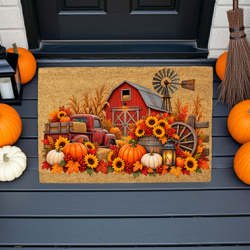 Fall Farmhouse Doormat, Country Barn Coir Mat, Pumpkin Harvest Welcome Mat, Rustic Autumn Porch Decor, Farmhouse Fall Door Mat