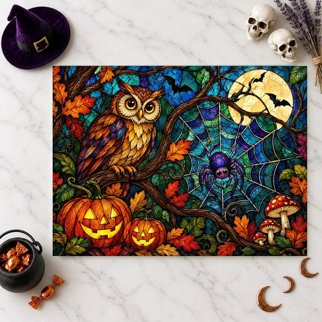 Halloween Owl Personalized Glass Cutting Board, Spooky Spider Kitchen Decor