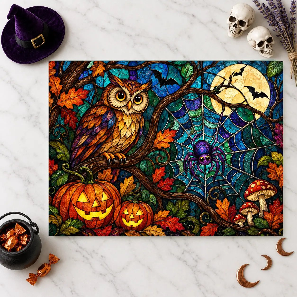 Halloween Owl Personalized Glass Cutting Board, Spooky Spider Kitchen Decor