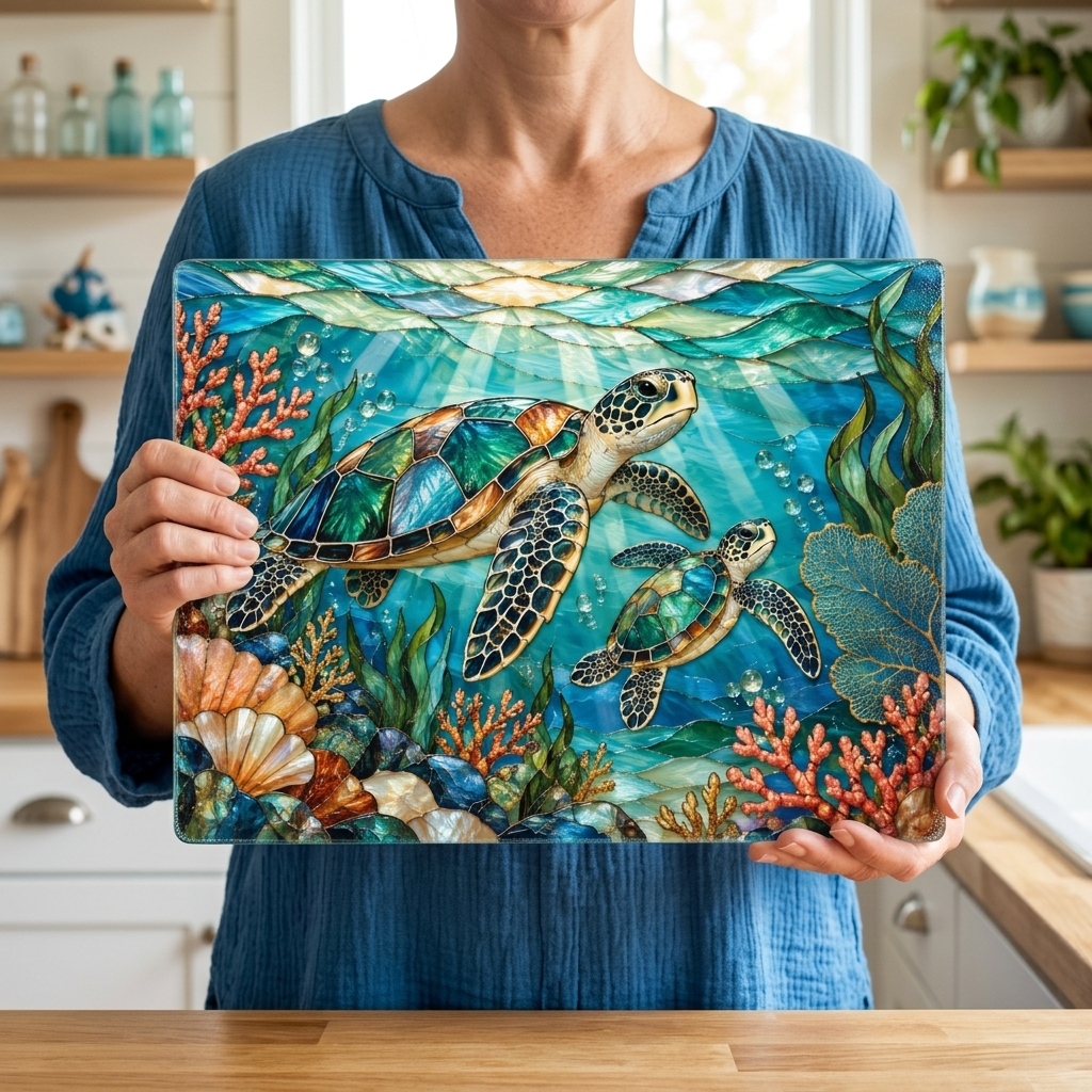 Sea Turtle Cutting Board, Ocean Kitchen Decor, Marine Life Glass Chopping Board, Coastal Sea Turtle Gift, Coral Reef Kitchen Art Piece