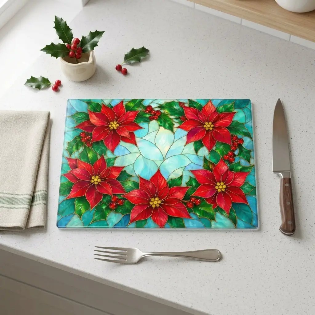 Poinsettia Glass Cutting Board, Christmas Kitchen Decor, Stained Glass Holiday Floral Chopping Board, Festive Hostess Gift for Home Cooks