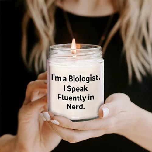 Christmas Unique Gifts for Biologists - I'm A Biologist. I Speak Fluently in Nerd. 9oz Vanilla Soy Candle, Hand-Poured, Soy Wax, Black Lid, Sublimation Printed