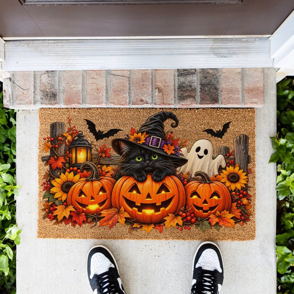 Halloween Cat Doormat, Black Cat Pumpkin Coir Mat, Cute Ghost Welcome Mat, Witch Cat Fall Porch Decor, Spooky Halloween Door Mat