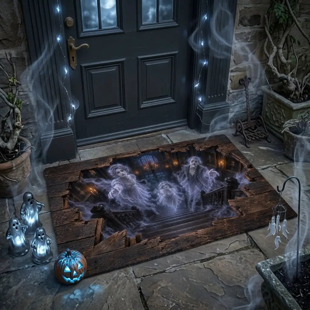 Victorian Ghost 3D Optical Illusion Doormat, Haunted Staircase Floor Mat, Gothic Haunted House Door Mat, Halloween Decor