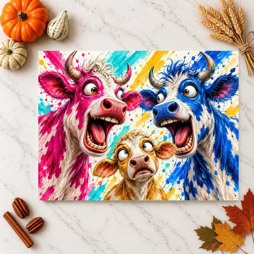 Funny Cow Family Cutting Board, Screaming Cow Kitchen Decor, Colorful Farmhouse Gift, Cow Lover Glass Cutting Board