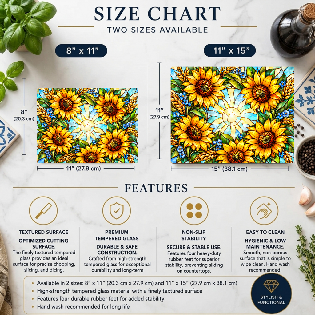Sunflower Glass Cutting Board, Stained Glass Sunflower Wreath, Floral Kitchen Decor, Yellow Flower Gift, Cheerful Kitchen Art