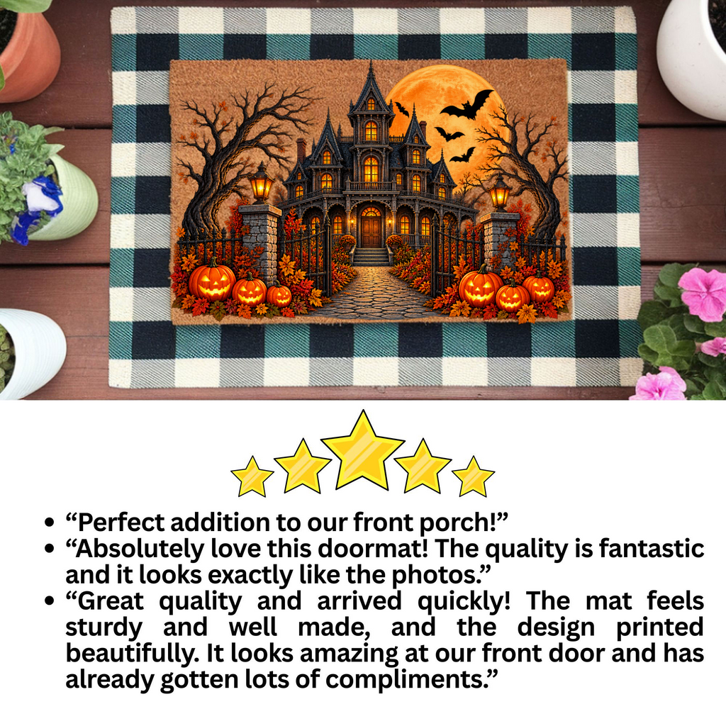 Haunted House Halloween Doormat, Gothic Mansion Coir Welcome Mat, Spooky Fall Porch Decor, Pumpkin Front Door Mat, Halloween Entryway