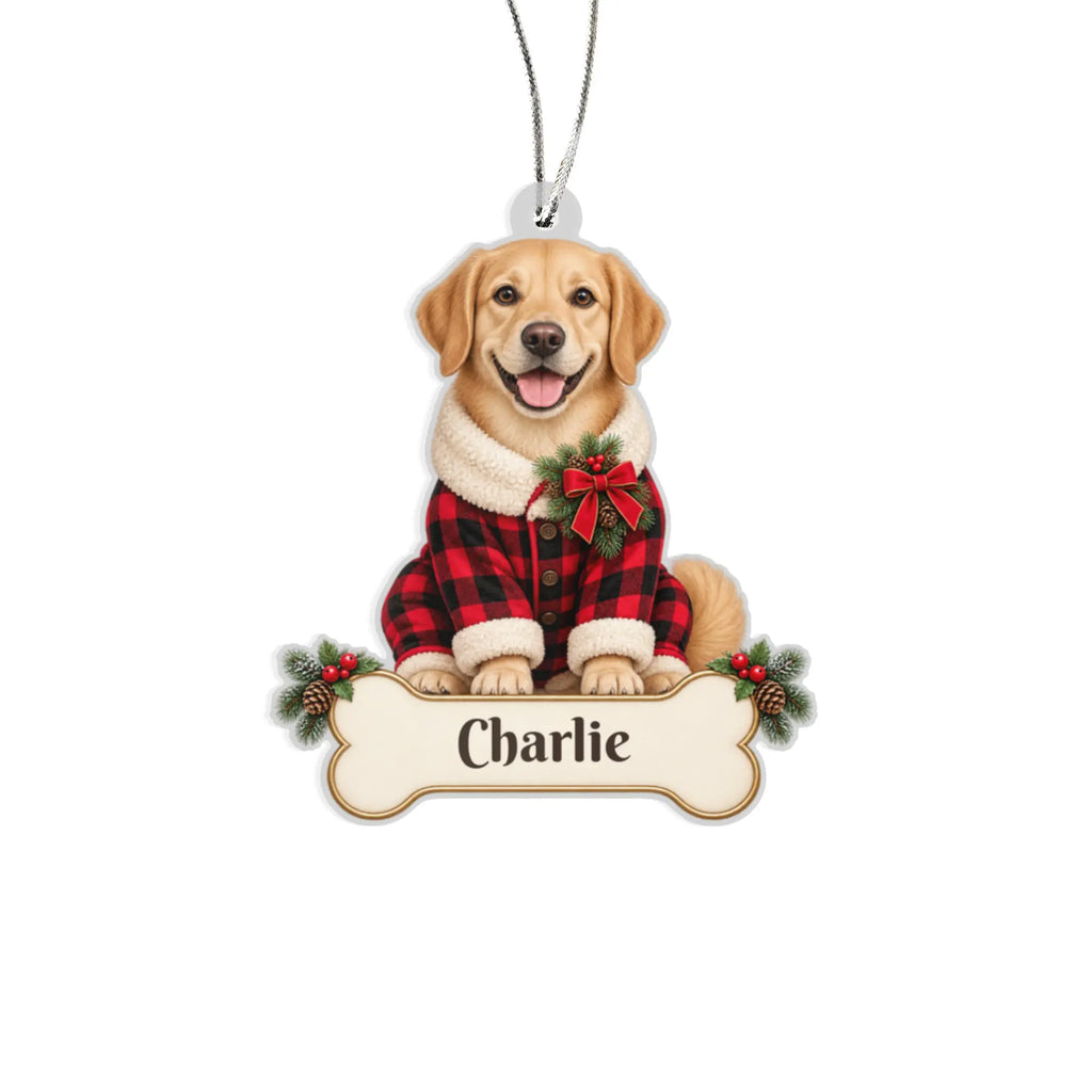 Personalized Dog Buffalo Plaid Pajamas Christmas Ornament from Photo, Custom Pet Portrait Acrylic Ornament, Rustic Holiday Dog Lover Gift