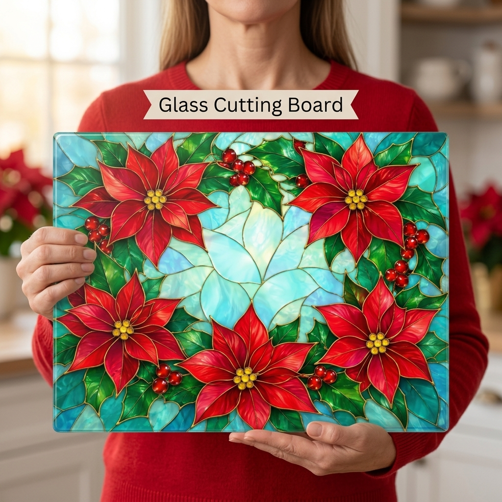 Poinsettia Glass Cutting Board, Christmas Kitchen Decor, Stained Glass Holiday Floral Chopping Board, Festive Hostess Gift for Home Cooks