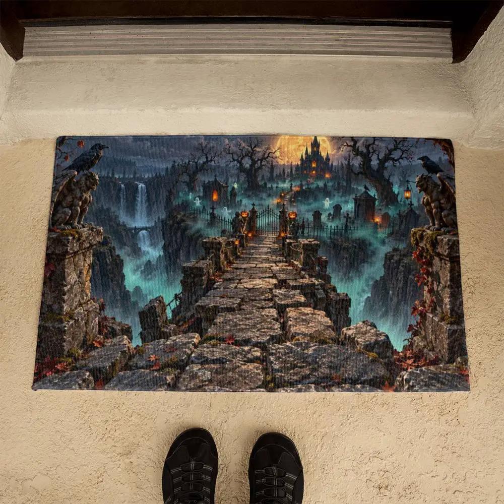 Haunted Graveyard 3D Doormat, Spooky Halloween Door Mat, Gothic Cemetery Welcome Mat, Haunted Castle Halloween Porch Decor