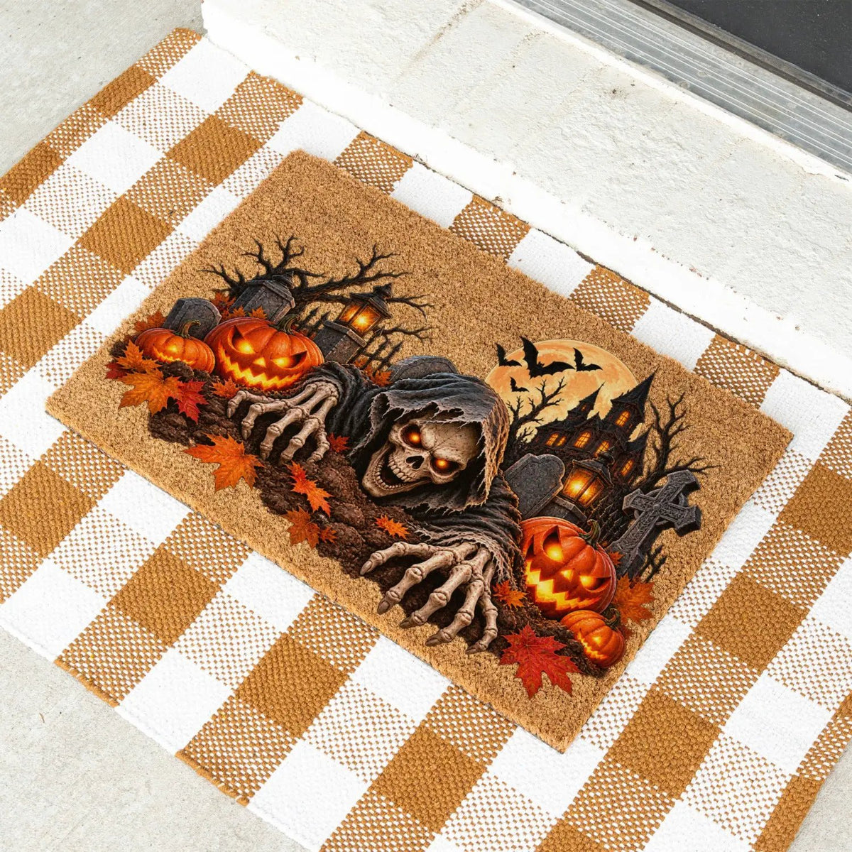 Creepy Skeleton Doormat, Grim Reaper Halloween Coir Mat, Scary Jack O Lantern Welcome Mat, Haunted House Spooky Porch Decor