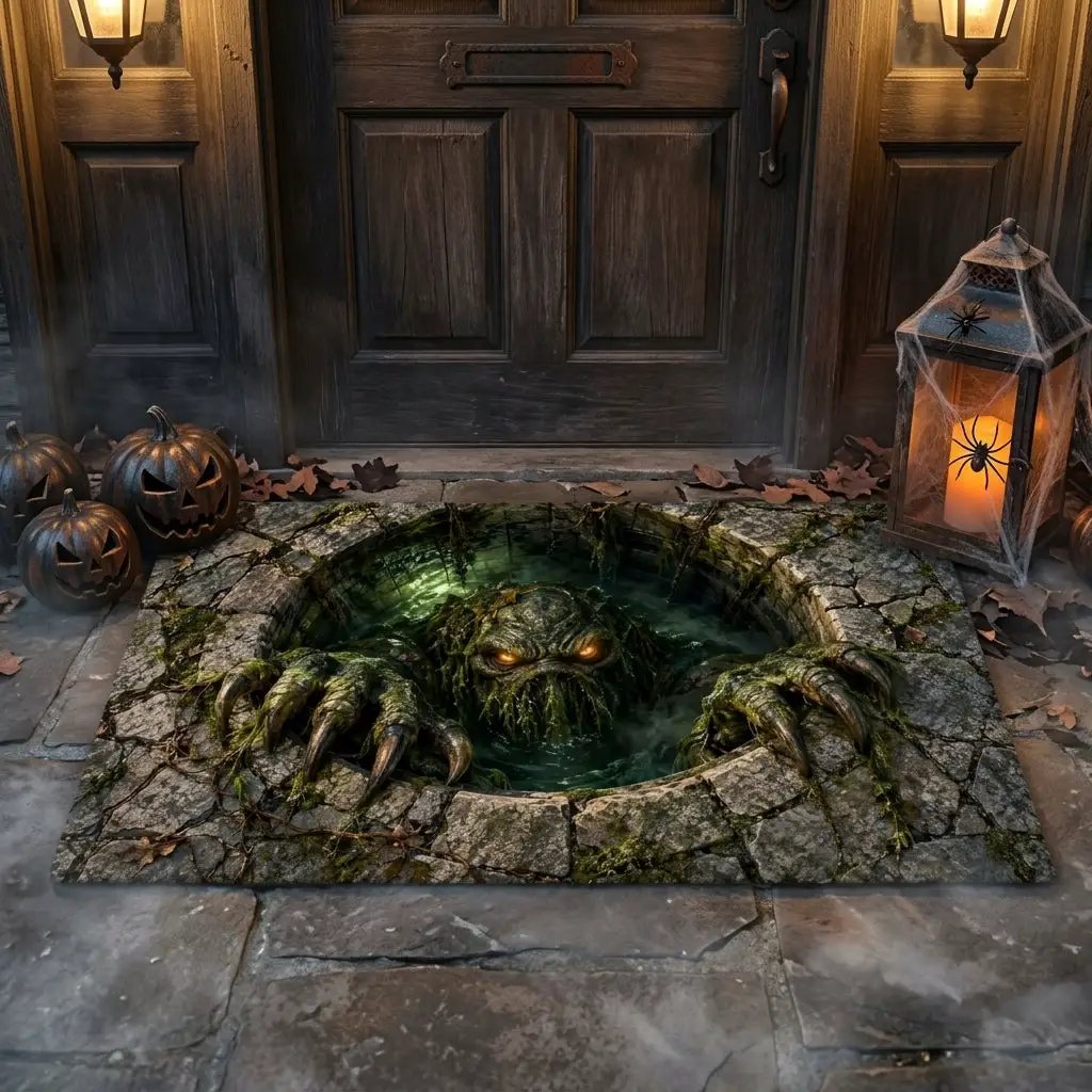 Swamp Monster 3D Optical Illusion Doormat, Creepy Sewer Monster Floor Mat, Scary Halloween Door Mat, Horror Home Decor