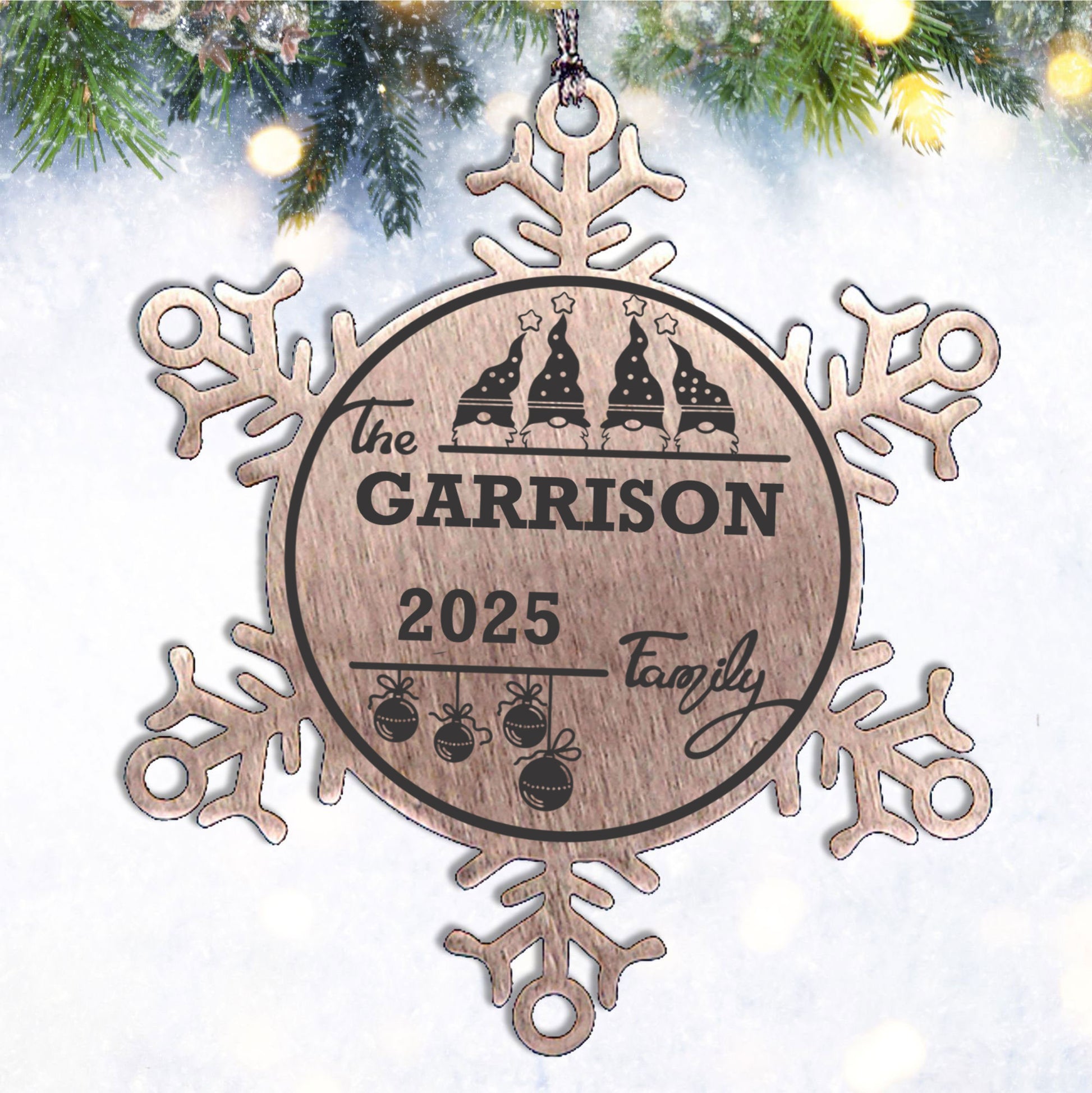 Personalized 4 Gnome Family Snowflake Ornament – Custom Stainless Steel Christmas Keepsake with Gift Bag – Engraved Names & Dates Holiday Decor for Family or Friends - Mallard Moon
