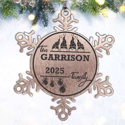 Personalized 4 Gnome Family Snowflake Ornament – Custom Stainless Steel Christmas Keepsake with Gift Bag – Engraved Names & Dates Holiday Decor for Family or Friends - Mallard Moon