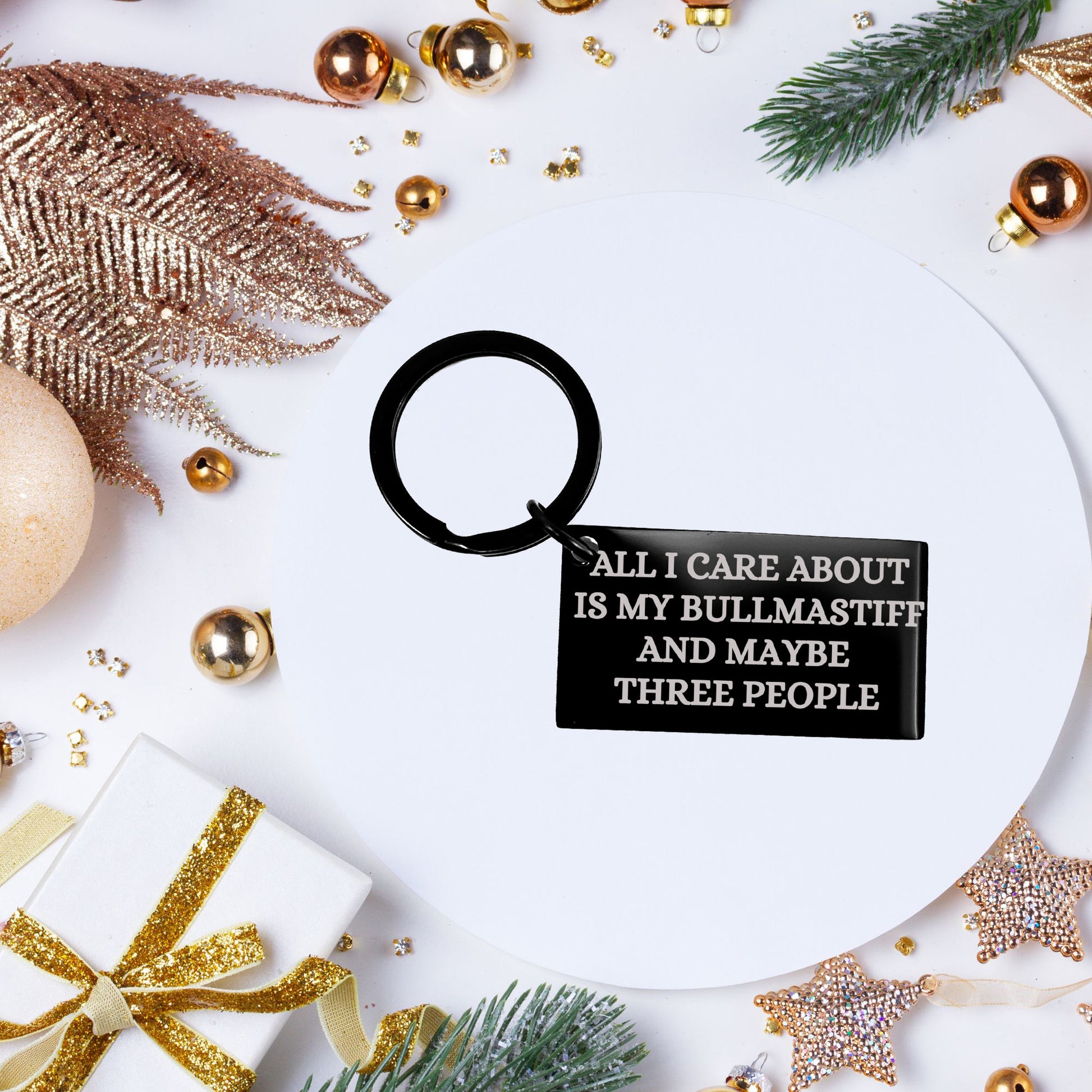 Funny Bullmastiff Dog Black Keychain – “All I Care About Is My Bullmastiff Dog & Maybe Three People” – Laser Engraved Pet Lover Gift - Mallard Moon Gift Shop