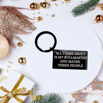 Funny Bullmastiff Dog Black Keychain – “All I Care About Is My Bullmastiff Dog & Maybe Three People” – Laser Engraved Pet Lover Gift - Mallard Moon Gift Shop